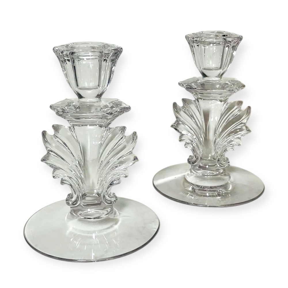 Vintage Fostoria Baroque Clear Glass Candlestick Holders Pair